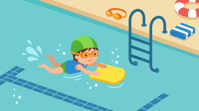 Child swimming with yellow flotation device.