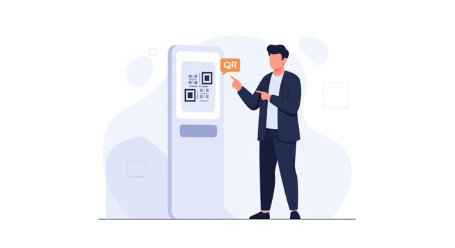 Man Scanning QR Code on Interactive Kiosk for Digital Payment or Information