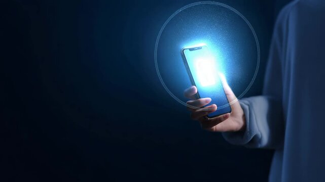 Hand holding glowing smartphone on dark background, mobile technology, digital communication, app interface, modern device, screen light, innovation concept