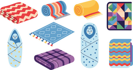 Colorful Blanket and Baby Swaddle Flat Vector Icon Set Featuring Cozy Throws, Patterned Quilts, Rolled Blankets, and Infant Wraps Isolated on White Background © MstFarida