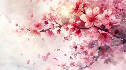 Fototapeta premium Japanese watercolor illustration, cherry blossom branch, dreamy soft washes, vibrant pink and purple tones, sparkling light effects, delicate petals, white background