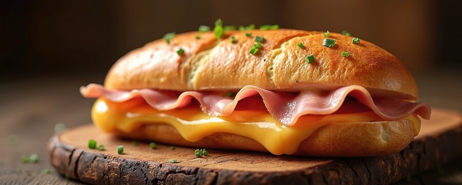 Hot sandwich filled with ham and melted cheese. Golden brown bun is topped with fresh green chives. Served on rustic wooden board, prepared for quick meal.