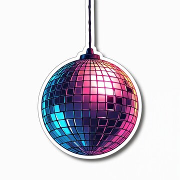 Retro disco ball with colorful neon lights hangs suspended. Its geometric mosaic reflects vibrant pink, blue hues, creating groovy atmosphere. Funky party decor radiates retro vibes, energetic mood.