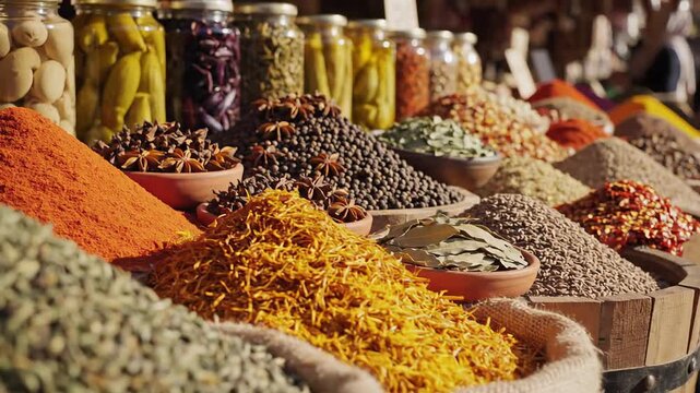 Abundant Spices and Herbs Displayed in Sacks and Jars at a Market Stall