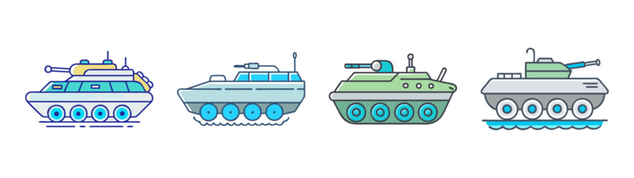 Collection of cartoon tank vector illustrations for military vehicle design and war themed graphics