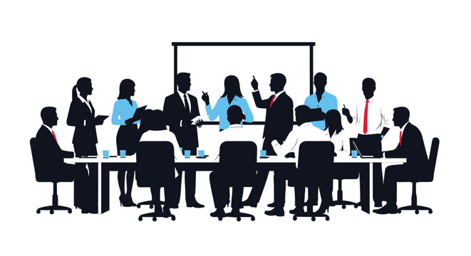 Silhouetted business people are engaged in a dynamic meeting around a conference table with a projection screen in a room.