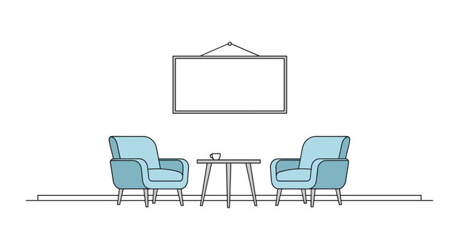 Two light blue armchairs face a small wooden coffee table with a cup under a blank picture frame on a white wall.