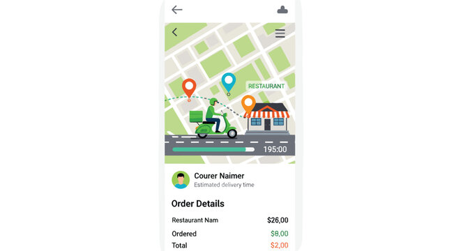 A mobile phone screen displays a food delivery app interface with a courier on a map and order details.