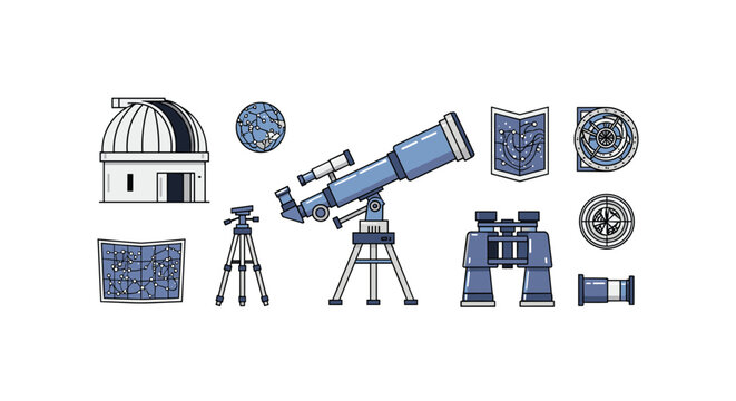 A collection of astronomy instruments including a telescope, binoculars, an observatory, star maps, and compasses is arranged on a white background.