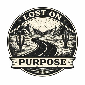 Desert road lost on purpose badge with cacti and sunset retro design for adventure lifestyle