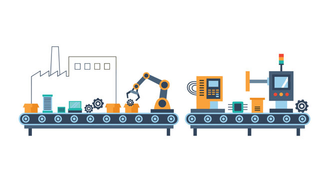 Two parallel conveyor belts with robotic arms and processing machinery operate in an industrial setting with a factory outline on a white background.