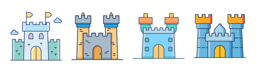 Obraz premium Vector illustration of fantasy castles towers with flags and doors design set for kids game