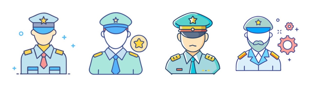 Colorful flat line art illustration of different military officer ranks and uniform styles shown