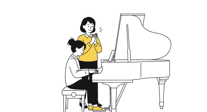 A young woman plays a white grand piano while an older woman claps behind her on a plain white background.