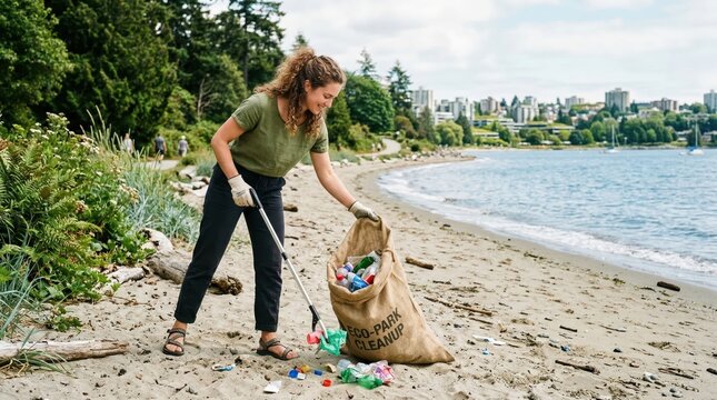 Woman collecting plastic waste on beach with eco park cleanup bag