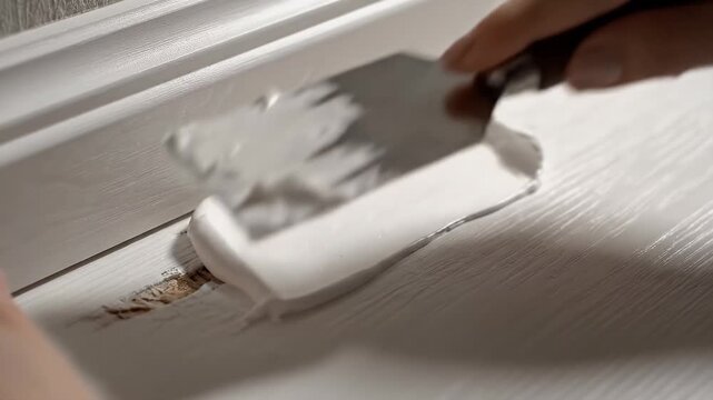 Hands using a metal spatula to spread white plaster over a hole, repairing a damaged wooden wall.