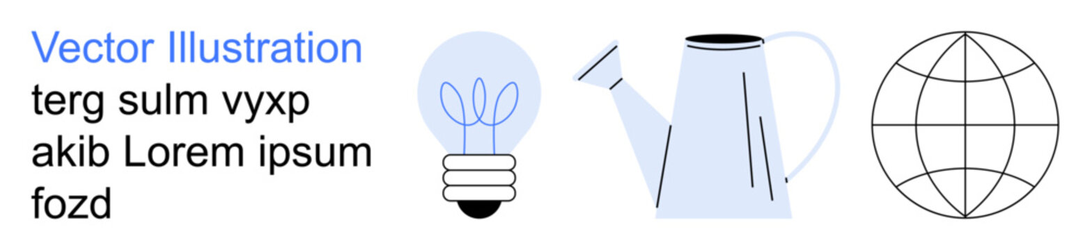 Sustainability, education, eco-awareness, growth, creativity, innovation. Minimalist vector of light bulb, watering can globe and placeholder text. Sustainability and eco-awareness concepts
