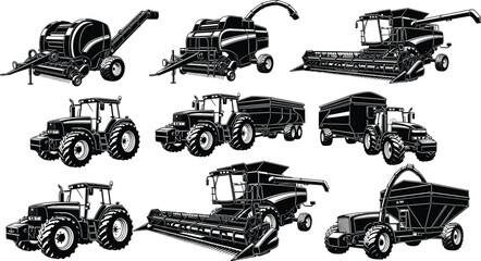 Black and white vector illustration showcasing diverse agricultural machinery including tractors, combine harvesters, forage harvesters, balers, and grain carts used in modern farmin © MdNurul