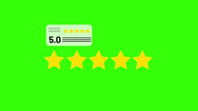 Perfect five star rating review illustration on vibrant green background showing customer satisfaction feedback with score card and stars symbolizing quality excellence and trusted service