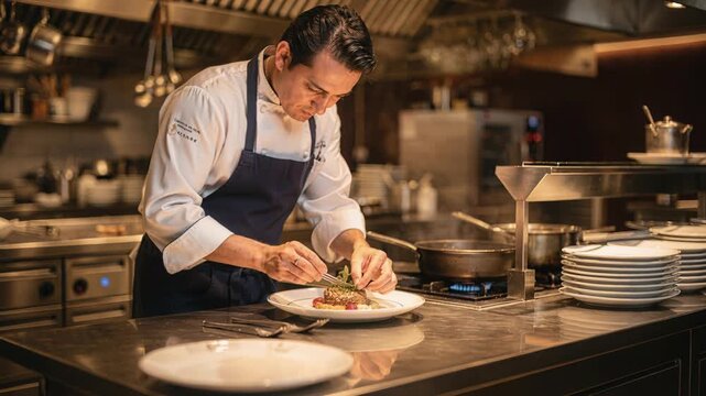 Focused chef meticulously plates dishes during busy dinner rush