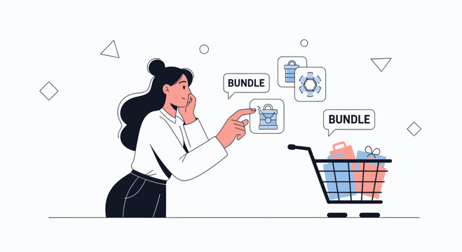 Woman choosing product bundles online, shopping cart with gifts, e-commerce concept