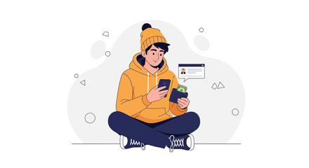 Obraz premium Young man in yellow hoodie and beanie using smartphone and wallet, online payment concept