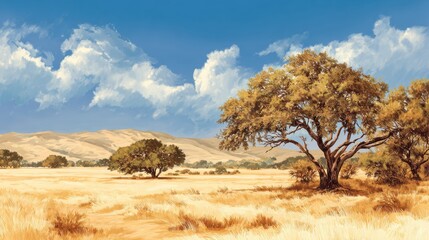 Naklejka premium Serene Landscape of a Sunny Meadow with Golden Grass and Lush Trees Under a Blue Sky and Fluffy White Clouds