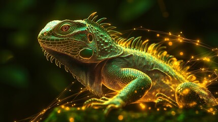 Obraz premium Luminous iguana with glowing network connections, digital art, vibrant green scales, and dramatic lighting