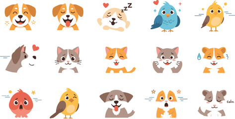 Fototapeta premium Cute pets emotions set with dogs cats and birds, cartoon animal faces showing happy sad sleepy moods, adorable vector illustration collection