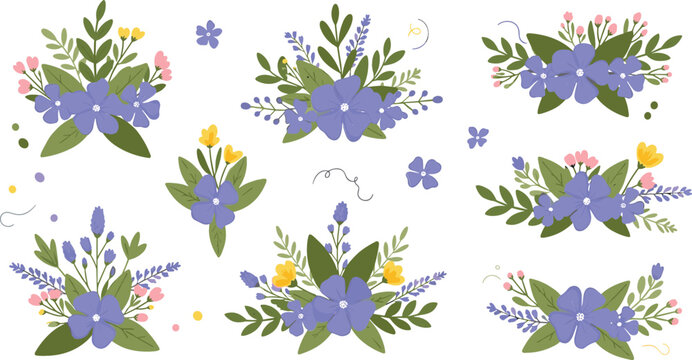 Floral bouquet set with blue flowers and greenery, decorative botanical arrangements for wedding invitations and spring design vector illustration collection