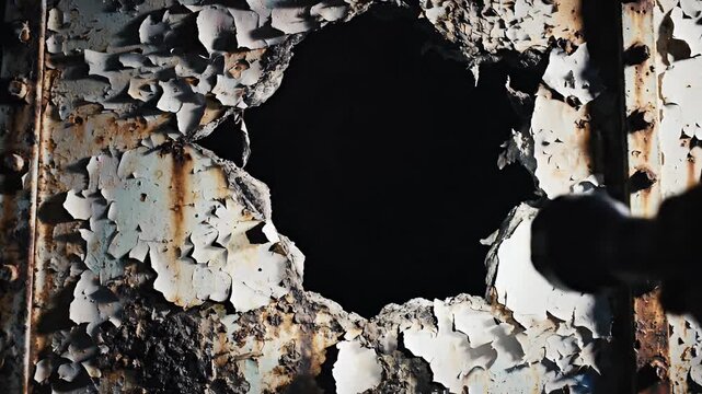 Flashlight illuminating a jagged hole in a rusty metal wall, revealing a dark and scary void.