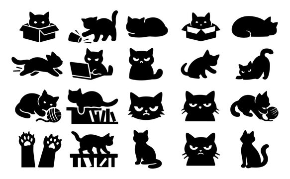 Funny Sassy Cat Silhouettes Set, Angry Naughty Cat Meme Icons, Cat Behavior and Attitude Collection, Black Cat Vector