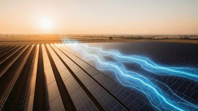 Vivid sunrise bathes advanced renewable energy systems with energetic arcs
