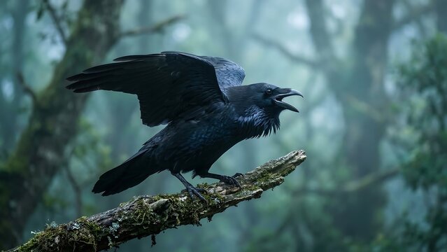 portrait of a raven cawing on a mossy branch in a mysterious misty forest