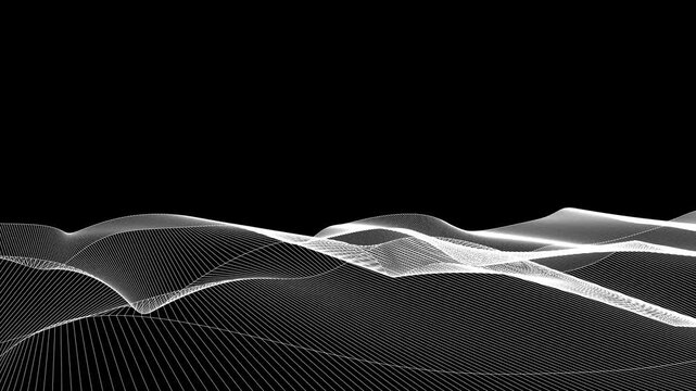 Digital minimalist background. Moving banner with smooth waves and white streams on dark alpha channel background for overlay effect. Realistic graphic animated footage