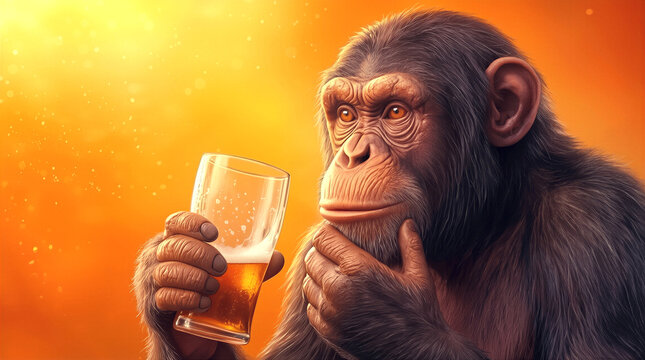 Ape contemplating while holding a glass of beer against a glowing orange background. Intelligent primate exhibiting human-like behavior in a stylized digital illustration.