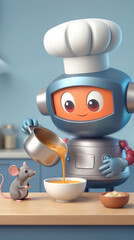 Toque-wearing machine pouring orange soup into bowl for small mouse. Innovative cooking assistant preparing meal in modern kitchen.