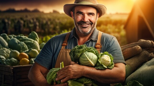 man farmer with fresh vegetables, cabbage harvest, natural selection, organic, harvest season, agricultural business owner, young smart framing, healthy lifestyle, farm and garden direct, non toxic