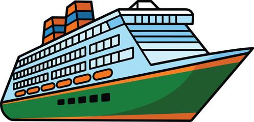Cartoon cruise ship illustration in green and blue with orange accents minimalist flat vector design isolated on white © MD