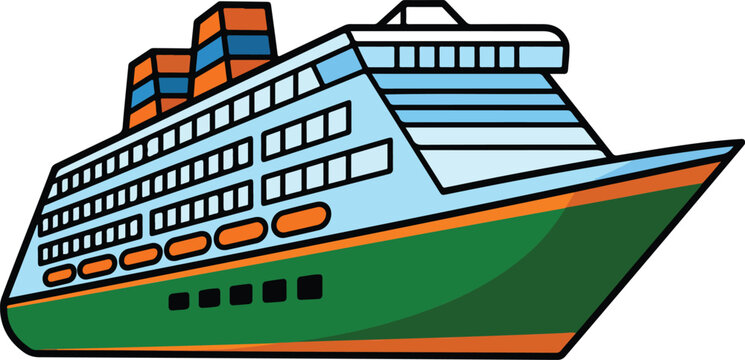 Cartoon cruise ship illustration in green and blue with orange accents minimalist flat vector design isolated on white