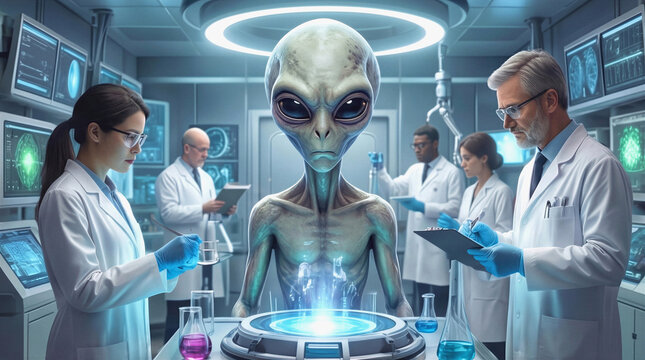 Researchers examining extraterrestrial being in high-tech laboratory. Scientists in white coats conducting medical analysis and data collection on grey alien in futuristic research facility.