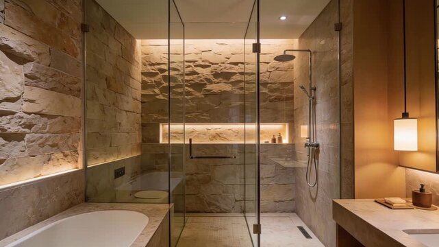 Relaxing bathroom ambiance highlighted by warm lighting and wooden furnishings