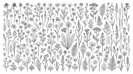 Fototapeta premium Detailed vector illustration of various wildflowers and foliage in a seamless pattern on white background