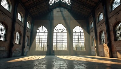 Fototapeta premium Vast industrial hall interior with tall arched windows. Sunlight streams through creating long shadows on stone floor. Brick walls show aged patina, steel beams support roof structure.