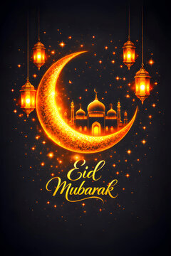 Create a luxury Eid Mubarak design in 4K (3000x3000), black background, glowing golden crescent moon, elegant lanterns, sparkling stars, golden "Eid Mubarak" calligraphy, cinematic lighting, ultra det