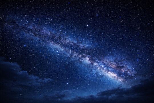 AI generated panoramic milky way starfield with glowing cosmic dust and deep blue night sky above soft clouds creating vast universe astronomy background with luminous stars