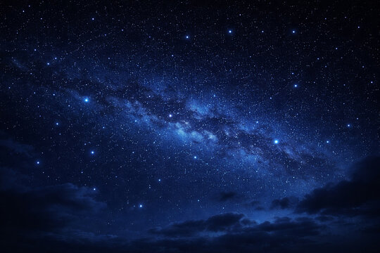 AI generated deep blue night sky with bright milky way starfield above dark clouds creating calm cosmic atmosphere and vast universe astronomy background