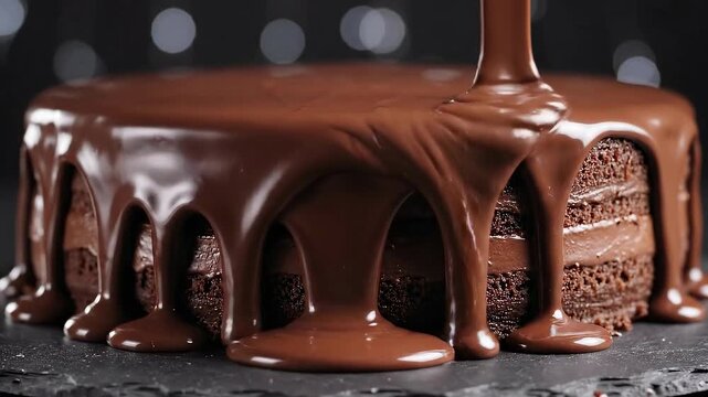 Close-up of chocolate cake being drizzled with chocolate glaze