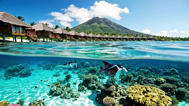 Cinematic Split Level View of Tropical Overwater Bungalows and Underwater Coral Reef