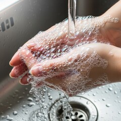 Fototapeta premium Soap bubbles cover hands being rinsed under a water stream in a stainless steel sink, representing clinical hygiene and safety protocols, fresh, procedure, sink